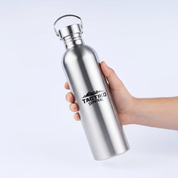Tactiko Survival 51 oz/1500 ml Stainless Steel Wide Mouth Water Bottle, Single Wall Boil-Safe, Leakproof, BPA-Free with Carry Sleeve and Strap for Camping, Hiking, Outdoor Prep (Tan)