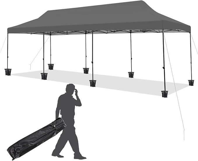 EROMMY 10x30 Pop Up Canopy Tent, Commercial Instant Canopy Heavy Duty with Roller Bag, 8 Sand Bags, 8 Wind Ropes & Ground Nails, Outdoor Canopies for Events, Parties and Camping, Gray