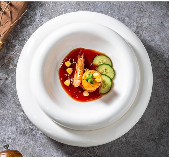 Camping Plates 8-inch White Ceramic Kitchen Tableware Creative Artistic Conception Western Food Plating Hotel Restaurant Cold Dish Bowl Decorative Plate(10 in)