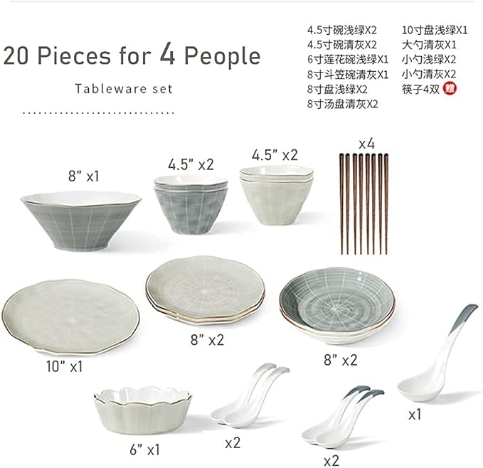 9-44 Piece Reactive Glaze Tableware Set, Nordic Luxury Tableware Set and Plate Service for 2-10 People, Large Capacity, Non-Slip Base, Phnom Penh Tableware Set (20pieces)
