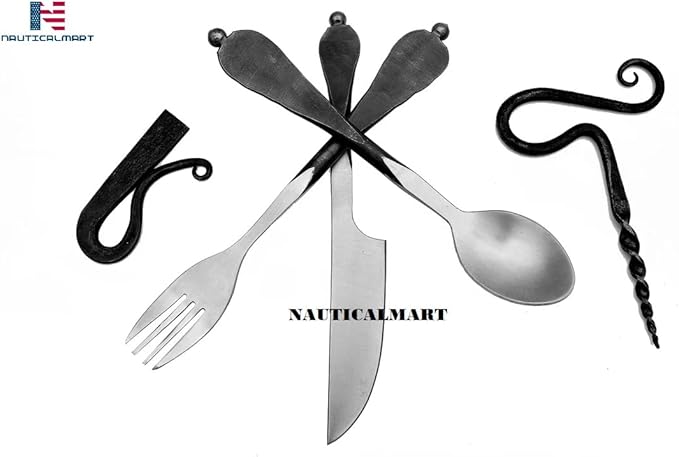 Nautical-Mart Medieval Five-Piece Cutlery Set (Hand Forged Dinning Set, Carbon Steel, 5 Pieces, Knife, Fork, Spoon, Bottle Opener, Fire Striker Steel, Leather Pouch)