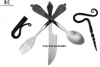 Nautical-Mart Medieval Five-Piece Cutlery Set (Hand Forged Dinning Set, Carbon Steel, 5 Pieces, Knife, Fork, Spoon, Bottle Opener, Fire Striker Steel, Leather Pouch)