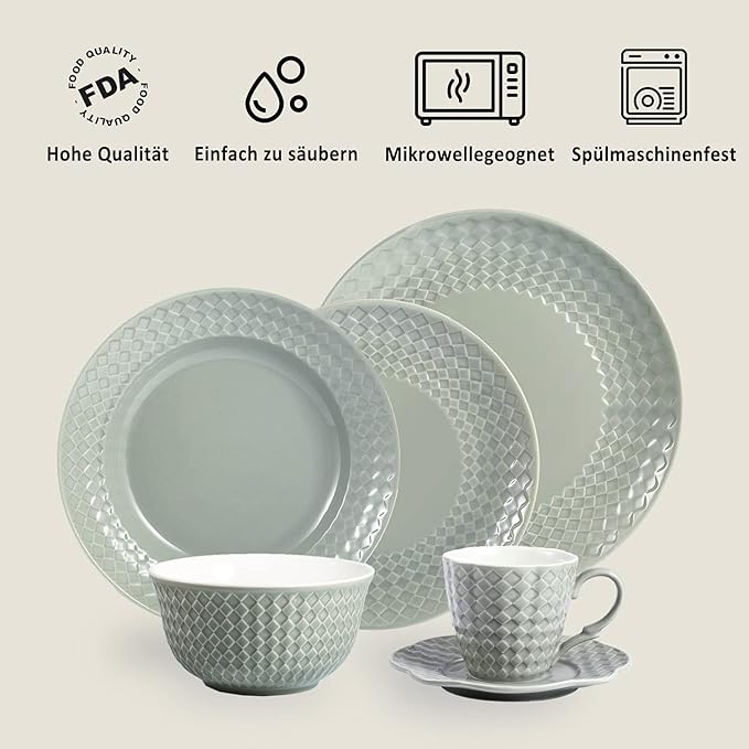 Creative Ceramic Tableware, 36 Pieces Ceramic Full Set of Tableware, Gray-Green Soup Plates, Dinner Plates, Dessert Plates, Cereal Bowls, Coffee Cups, Saucers for 6 People (36 Pcs