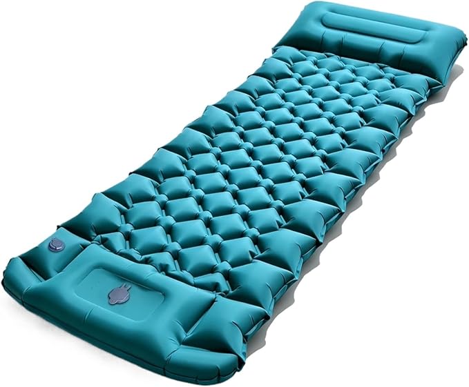 2026 Thicken Inflatable Camping Sleeping Pad with Pillow - Built-in Foot Pump Moisture-Proof Tent Mattress Bed(T2366Peacock Blue)