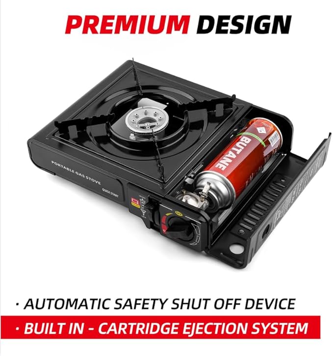 Butane Stove, Portable Camping Stove with Carry Case & Push-Button Starter, Includes Precise Temperature Control & 7,650 BTUs of Power for Camping, Tailgating, & More