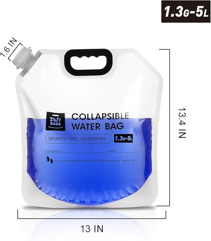 24/7 BAGS 4 Pack Collapsible Water Container Bag 1.3 Gallon/5 Liter, Heavy Duty with Carry Handles, Hikes, Trips, Weather Emergencies, and More, Foldable Water Bag