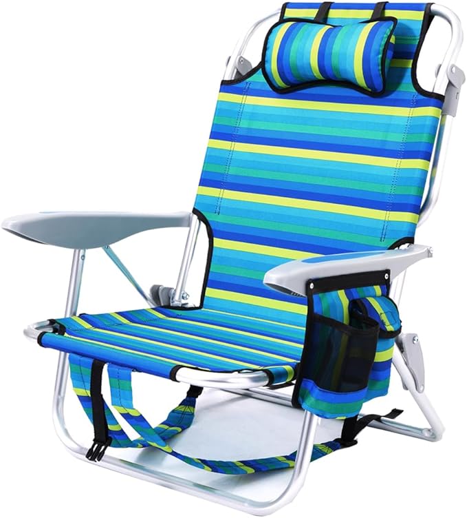 1PC Portable Beach Chair for Adults, 5 Position Backpack Folding Camping Chairs for Outdoor, Beach Chairs with Backpack Straps, Striped