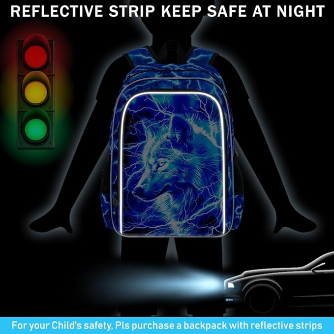 3Pcs Wolf Backpack for Boy, 17" Lightning Bookbag for Elementary Preschool Kindergarten, Kids School Backpacks with Lunch Box (Blue)
