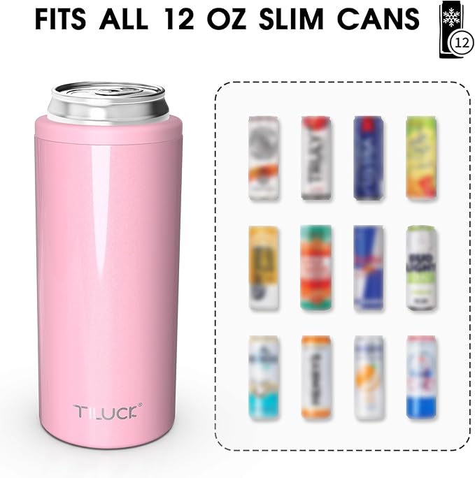 TILUCK Skinny Can Cooler for Slim Beer & Hard Seltzer, Stainless Steel, Doucle-Walled Stainless Steel Insulated Slim Cans, Standard 12 oz (Glitter Blush)