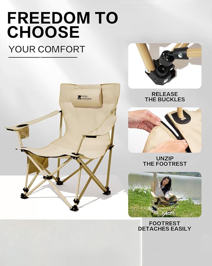 MOBI GARDEN Reclining Camping Chair with Foot Rest, 4-Position Adjustable Folding Lounge Chair for Adults, Portable & Detachable Footrest – Sand - Mesh Back