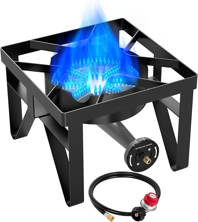 BESTFIRE 200,000 BTU Heavy-Duty Propane Burner – Outdoor Stove with 0-20Psi Adjustable Regulator & Black Hose – Ideal for Home Brewing, Turkey Frying, Camping & Backyard Cooking