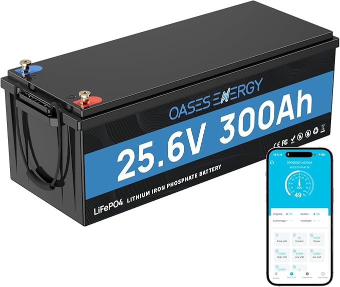 24V 300Ah LiFePO4 Lithium Battery with Bluetooth, 200A BMS, Deep Cycles 300Ah LiFePO4 Battery, 7680Wh Energy for Off-Grid, Solar, RV, Camper, Trolling Motor, Marine, Boats