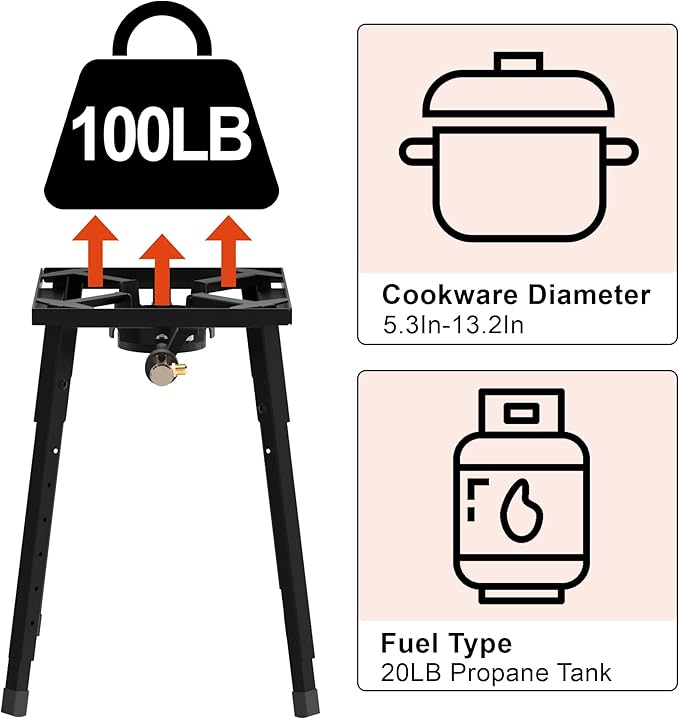 Nelyrho Propane Outdoor Stove, High Pressure Single Propane Burner, 153,000 BTU, Adjustable Height, 0-30 PSI, Heavy-Duty Cast Iron for Outdoor Cooking, Camping, Turkey Frying & Brewing