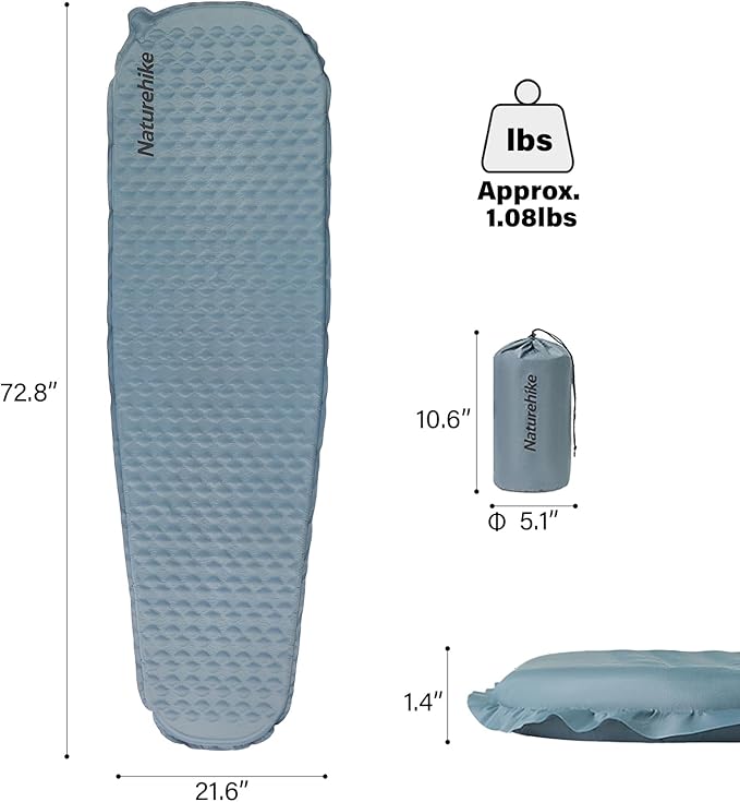 Naturehike Self-Inflating Sleeping Mat Lightweight Comfortable Asleep Pad 1.4" Sponge Filling Ergonomic for Hiking Picnicking Outdoor Activities & Family Camping Portable Foldable (Blue-Mummy)