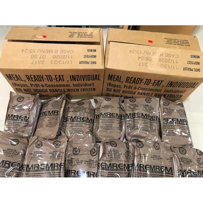 MRE A and B bundle cases 2026, 2027 inspection - Military meals ready to eat, 24 full food packs rations with 1,250 calories per meal and heater for camping
