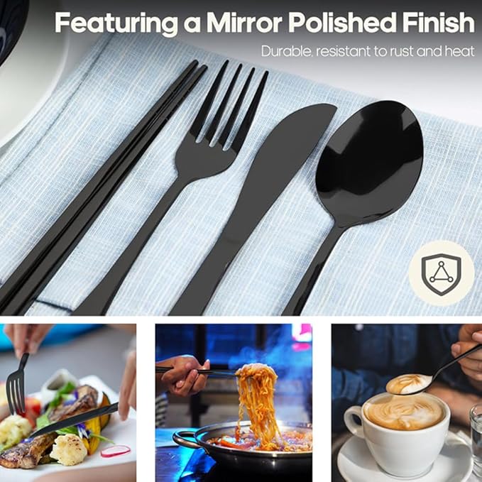 16 Pieces for 4 Persons Chopsticks and Forks Set Silverware Set Kitchen Utensils Set Cutlery Set Flatware Set Dishwasher Safe Mirror Effect for Picnic Camping Barbecue, Colorful