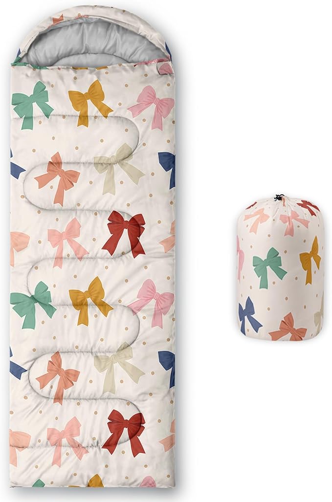 Colorful Bow Sleeping Bag, 3 Season Warm Cool Weather, Hand Drawn Bow Camping Sleeping Bag for Adult, Cute Bowknot Camping Backpacking for Outdoor Traveling Hiking Hunting Gear Equipment