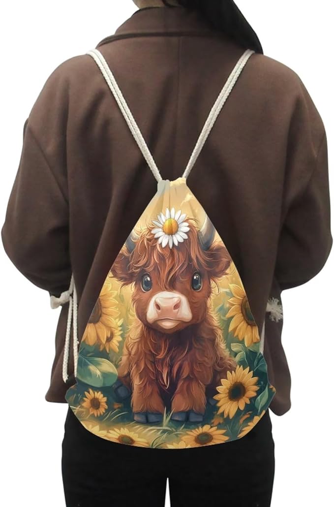 Upetstory Highland Cow Drawstring Backpack String Sports Bags Cinch Sackpack Training Gymsack Travel Beach Storage Pouch for Outdoor Hiking Cycling Running Holiday Outift