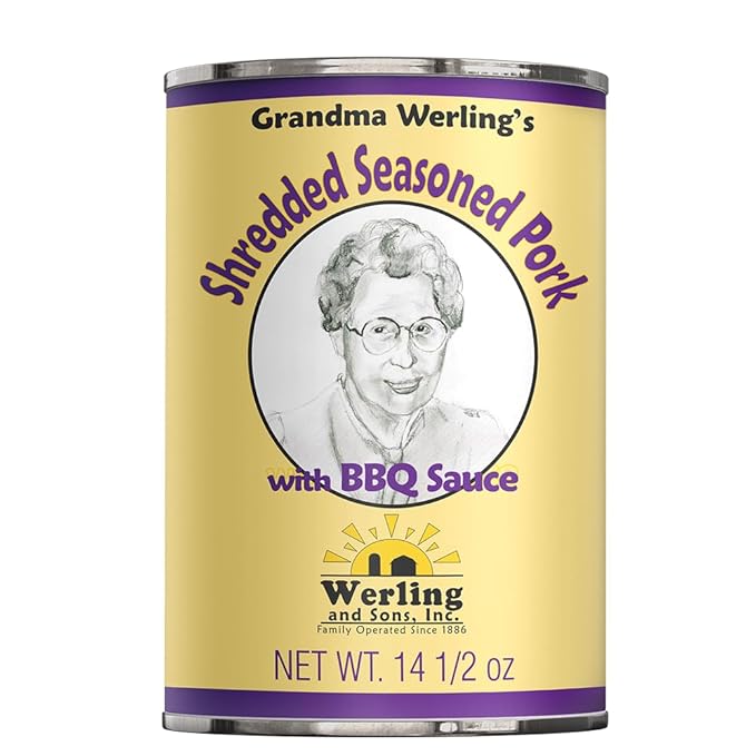 Grandma Werling’s Shredded Seasoned Pork with BBQ Sauce 14.5 Oz Fully Cooked Heat & Serve Premium Canned Meat Shelf Stable for Pantry Staples, Emergency Food Storage, Survival & Daily Quick Meals Canned Food Pack of 6