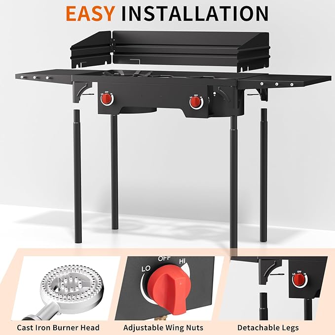 SKOK 2 Burners Portable Propane Stove with Wind Panel & Side Shelves,Portable Camping Stove with High Efficiency Propane Burner,Outdoor Stove for Camping, Backyard, Picnic