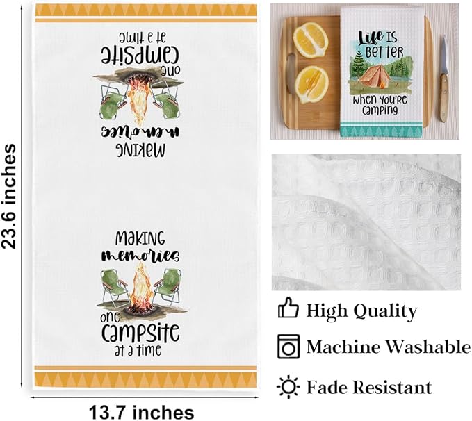 4Pcs Camping Kitchen Towels 24x14 Inch, Bonfire Forest Tent Rv Decor Waffle Weave Dish Towels for Kitchen, White Absorbent Microfiber Hand Tea Towel, Novelty Camping Gifts for Women Campers