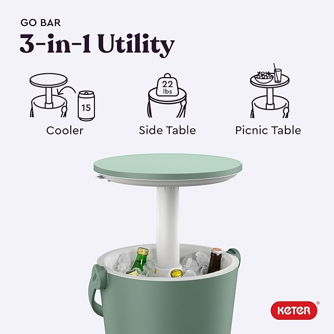 Keter Go Bar 4.2 Gallon Portable Beer and Wine Cooler with Handle and Pop Up Outdoor Table Perfect for Your Patio, Picnic, and Beach Accessories, Graphite