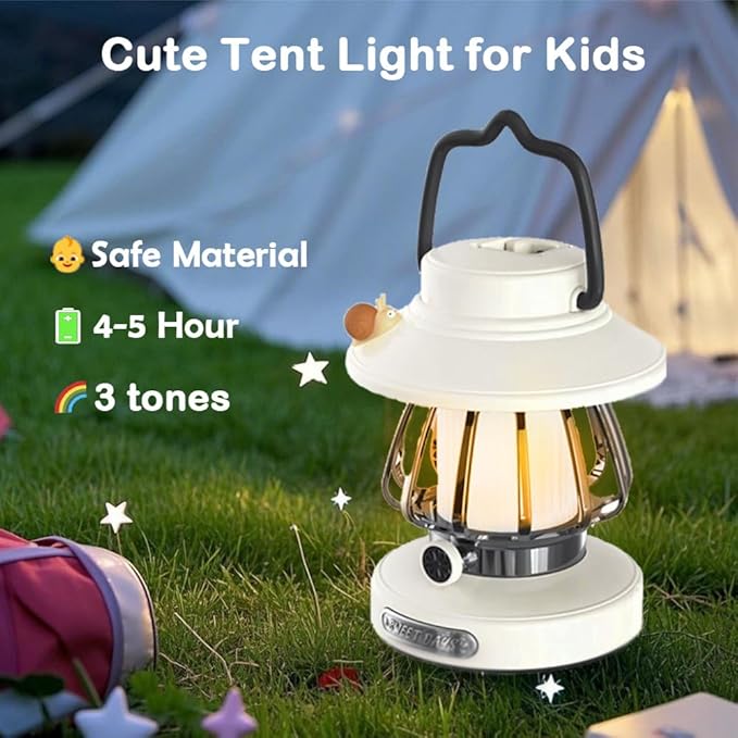Kids Lantern with 3 Color Light & USB-C Rechargeable, Dimmable Camping Night Light for Children, Safe & Durable ABS Plastic Toddler Flashlight for Bedroom, Tent, Emergency (White)
