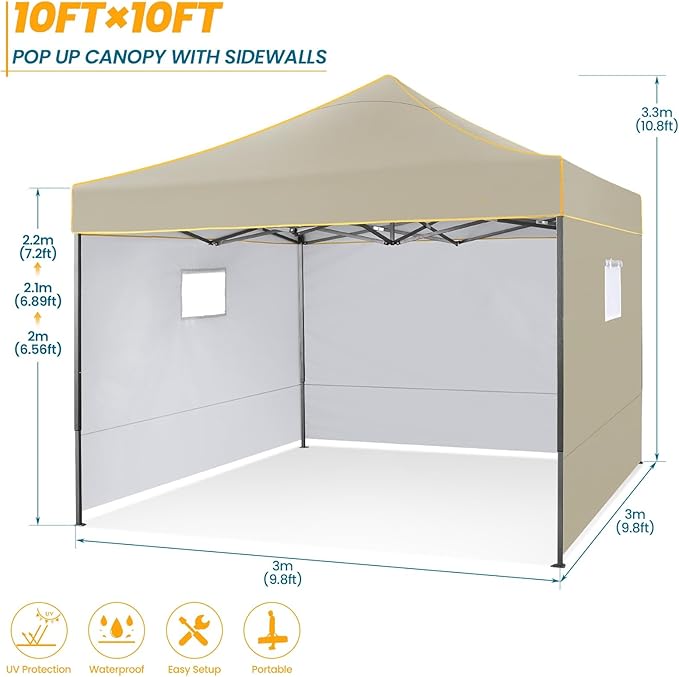 COBIZI 10x10 Pop Up Canopy Tent Commercial Heavy Duty Instant Canopy with 4 Sidewalls, UV 50+ Silver Coated Waterproof Vendor, Portable Shelter with Carry Bag, Event Tent for Parties, Khaki