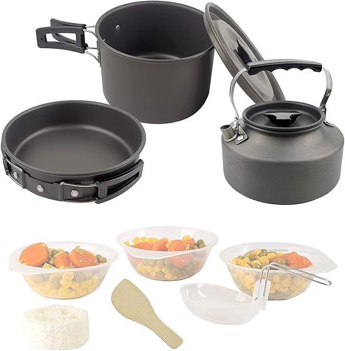9 Pcs Camping Cookware Set Outdoor Non-Stick Cooking Backpacking Pots Teapots Bowls Set Mess Kit Hiking Picnic Tableware Equipment