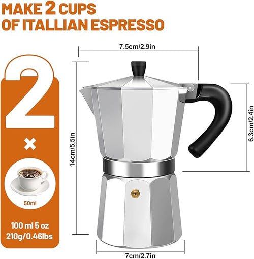 2 Cup Aluminum Espresso Stovetop Moka Pot Express Coffee Maker Percolator Italian Classic Mocha Coffee Machine for Italian and Cuban Cafe Brewing for Home & Camping 100ml 3.3oz