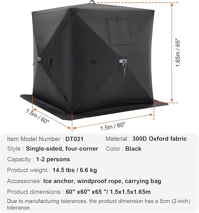 VEVOR Portable Pop-Up Tent, 1-8 Person Insulated Shelter, Large Fishing Area, Hub-Style Shanty for Winter Fishing, Waterproof Oxford Ice Cube with Anchors/Ropes/Carrying Bag