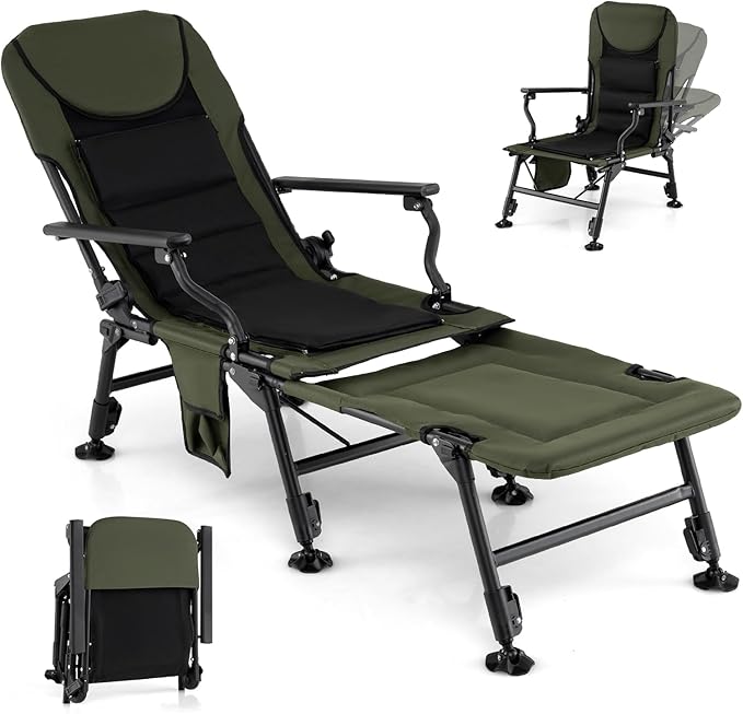 Goplus Oversized Foldable Fishing Chair for Adults, Heavy Duty All-Terrain Camping Chair with Detachable Footrest, Padded High-Back, Armrest, Adjustable Feet, Portable Recliner for Outdoor Patio Beach