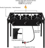 3 Burner Propane Gas Stove for Outdoor Cooking, Heavy Duty High Pressure Propane Gas Cooker Portable Iron Cast Patio Burner with Detachable Stand Legs, Regulator, Camping Cooker (225000-BTU)