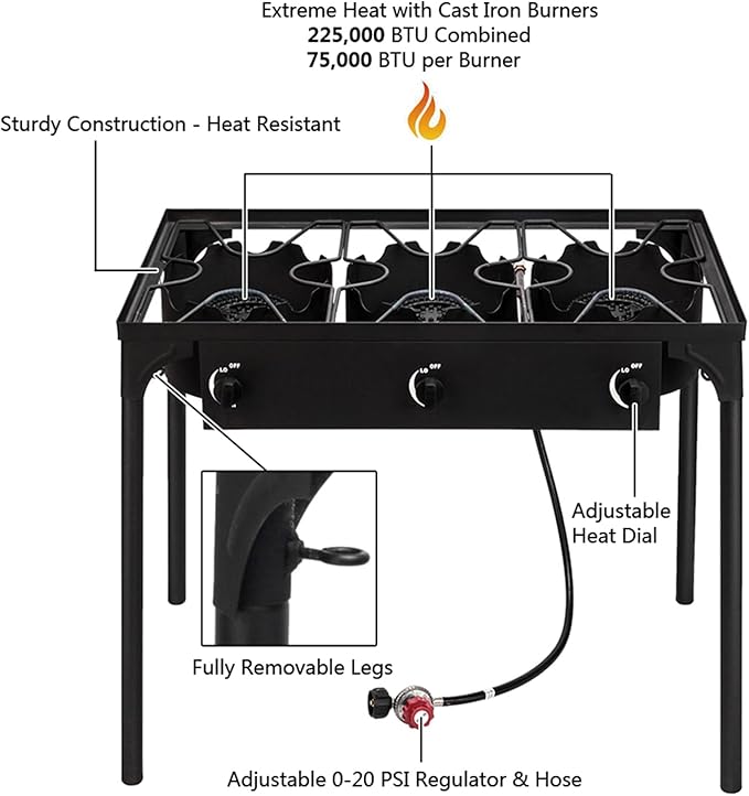 3 Burner Propane Gas Stove for Outdoor Cooking, Heavy Duty High Pressure Propane Gas Cooker Portable Iron Cast Patio Burner with Detachable Stand Legs, Regulator, Camping Cooker (225000-BTU)