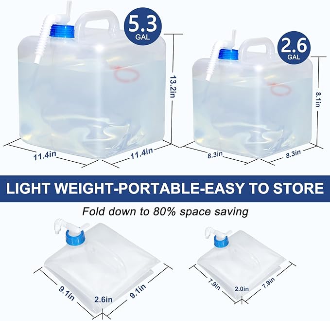 4 Pack PNEUICALLY Collapsible Water Jugs for Camping and Emergency - Foldable Water Storage Containers with Spigot, BPA Free 5.3 Gallon Tank