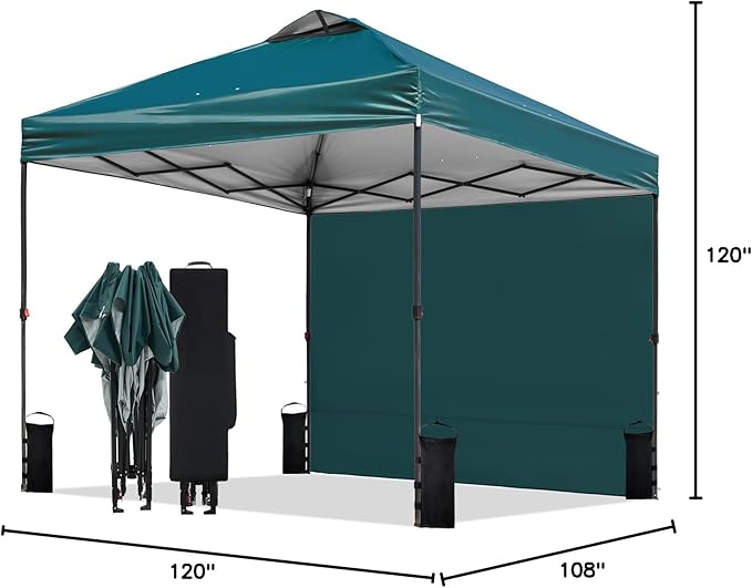 10'x10' Pop Up Canopy Tent with 1 Sidewall and 6 Pockets, One Push Setup, Instant Shade Tent with Vented Roof for Beach Patio Outdoor, Case, 8 Stakes, 4 Ropes, 4 Sandbags (Green, 10x10)