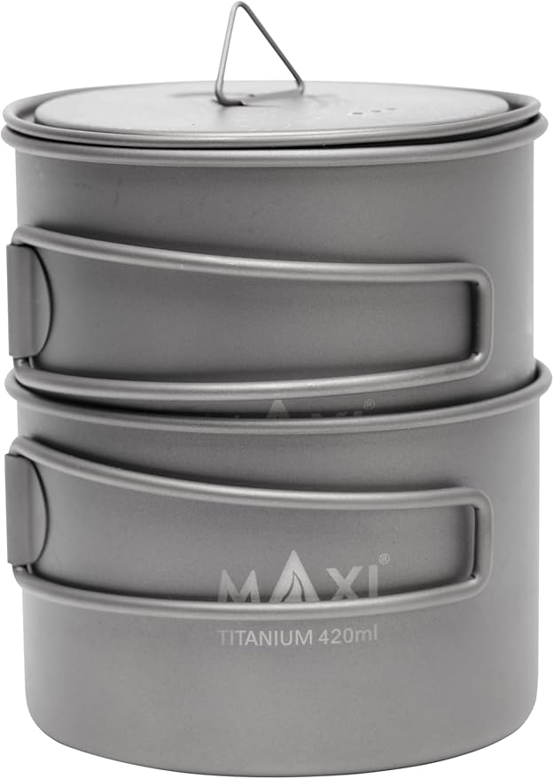 Maxi Titanium 750ml Pot and 420ml Bowl Combo Set, Grade 1 Titanium Stackable Camping Cookware, Ultralight Backpacking Pot Set