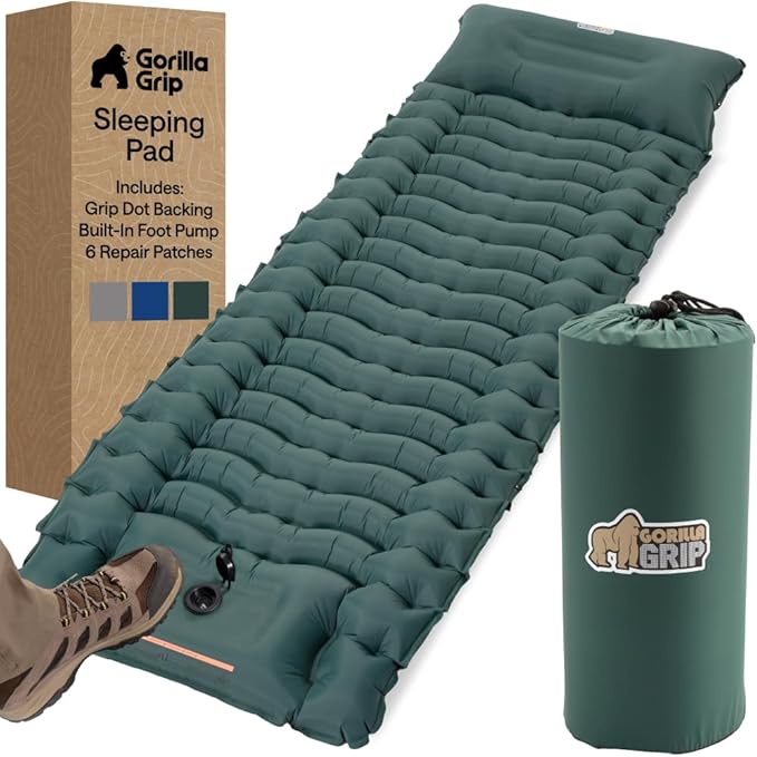 GORILLA GRIP Slip-Resistant Inflatable Sleeping Pad, Puncture Resistant Lightweight Camping Mattress, Foot Pump, Air Mats for Travel Backpacking, Inflating Bed Camp Sleep Pads for Tent, Hunter Green