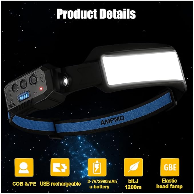 Headlamp LED Rechargeable with 6 Modes 7 Lights and Motion Sensor – 270° Wide Beam Head Light for Camping, Running, Hiking & Work, Waterproof USB-C Rechargeable Headlamp