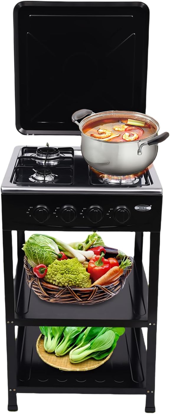 4 Burner Gas Stove Portable Natural Gas Camping Grill Stove Floor Standing Gas Cooktop with Storage Stand Wind Blocking Cover Adapter Manual Ignition for Outdoor Camping RV (4 Burner-Black)
