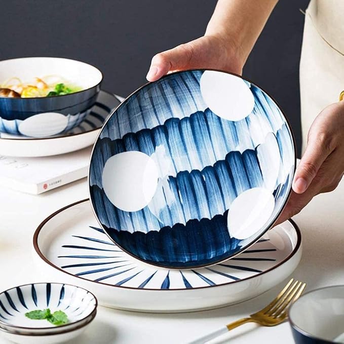 Pottery Tableware,Blue Printed Ceramic Dinnerware Sets Porcelain Combi-Set Dinner Plates Dessert Plates Cereal Bowls Salad Bowls