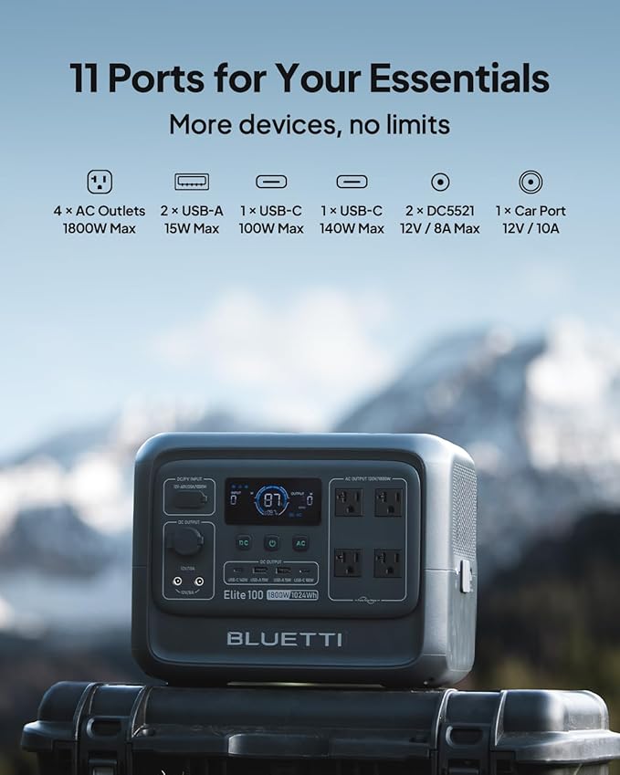 BLUETTI Elite 100 V2 Portable Power Station, 1024Wh LFP Battery Backup w/ 4 1800W AC Ports (3600W Surge), 35% Smaller, Fast Charge and UPS Solar Generator for Camping, Road Trip, Outages, Home Backup