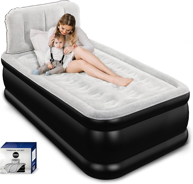 Twin Air Mattress with Headboard, Built-in Pump, 600 lbs Heavy-Duty Support, 19" Raised Comfort Design, 48-Hour Leak-Tested PVC, 2.5 Min Fast Inflation, Inflatable Mattress for Home, Guests & Camping