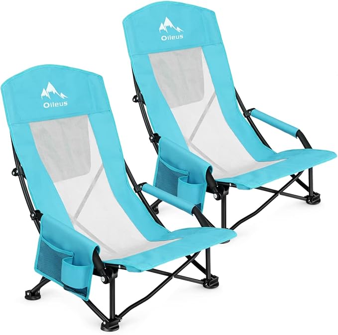 Oileus Folding Portable Beach Chair, High-Back Low-Seat Lightweight Chair for Beach Tents, Shelters, and Camping, Full Mesh Backrest | Cup Holder | Storage Bag | Carrying Bag | 2 Armrests