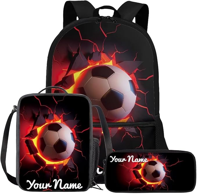 Rnyleeg Personalized Soccer Backpack for Boys Cool Kids Bookbag with Lunchbox Custom Your Name School Bag Set 3 Pcs for Primary School Casual Hiking Packsack