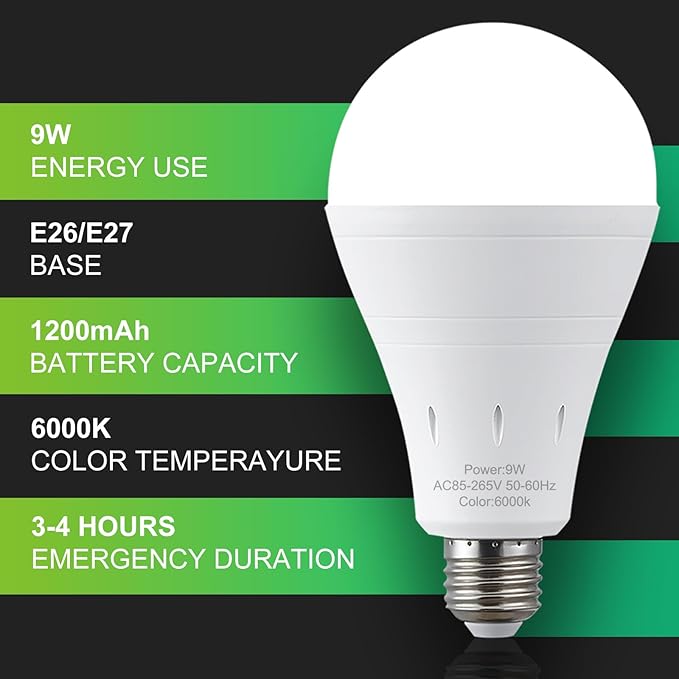 4 Pack Rechargeable Emergency Light Bulbs, Battery Powered LED Light Bulb 6000K Daylight E26 120 Volt 9W 60W Equivalent with 1200mAh for Home Power Outage Camping Hurricane