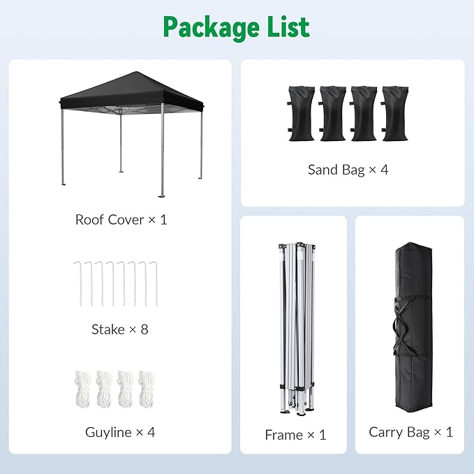 10x10 Pop Up Canopy Tent, Instant Setup Portable Canopy with Carry Bag, 4 Sandbags and 8 Stakes for Outdoor Events, Parties & Camping - Black