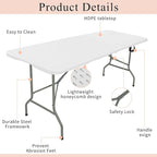 Set of 2 Folding Tables with Carrying Handle Lightweight Rectangular Portable Plastic Camping Table Steel Legs for Party, Dining, Wedding, Events, Picnic Indoor, Outdoor (5.85FT, White)