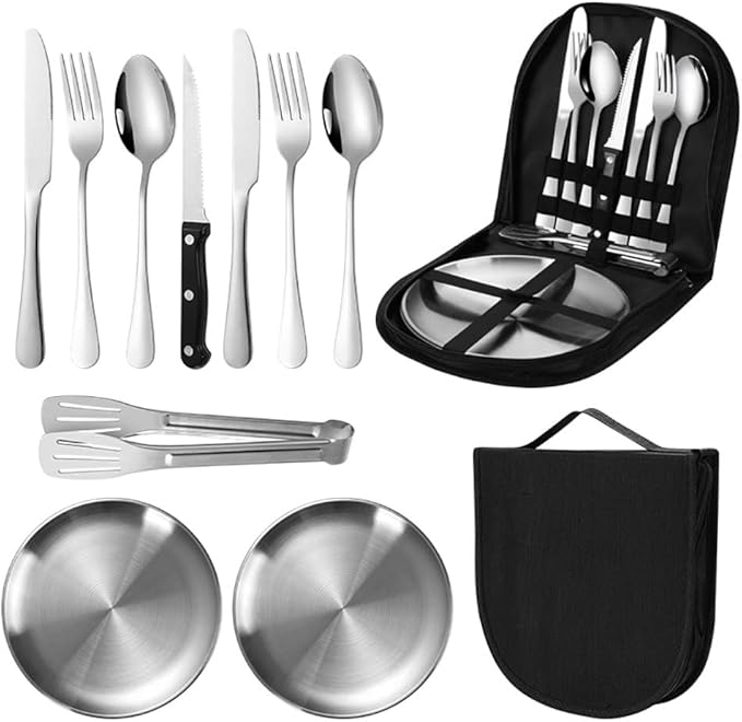 Travel Portable Silverware Set With Case Stainless Steel Camping Flatware Set 10 Piece Modern Cutlery Tableware Utensils Set for Picnic and Other Outdoor Activities Mirror Polished