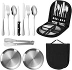 Travel Portable Silverware Set With Case Stainless Steel Camping Flatware Set 10 Piece Modern Cutlery Tableware Utensils Set for Picnic and Other Outdoor Activities Mirror Polished